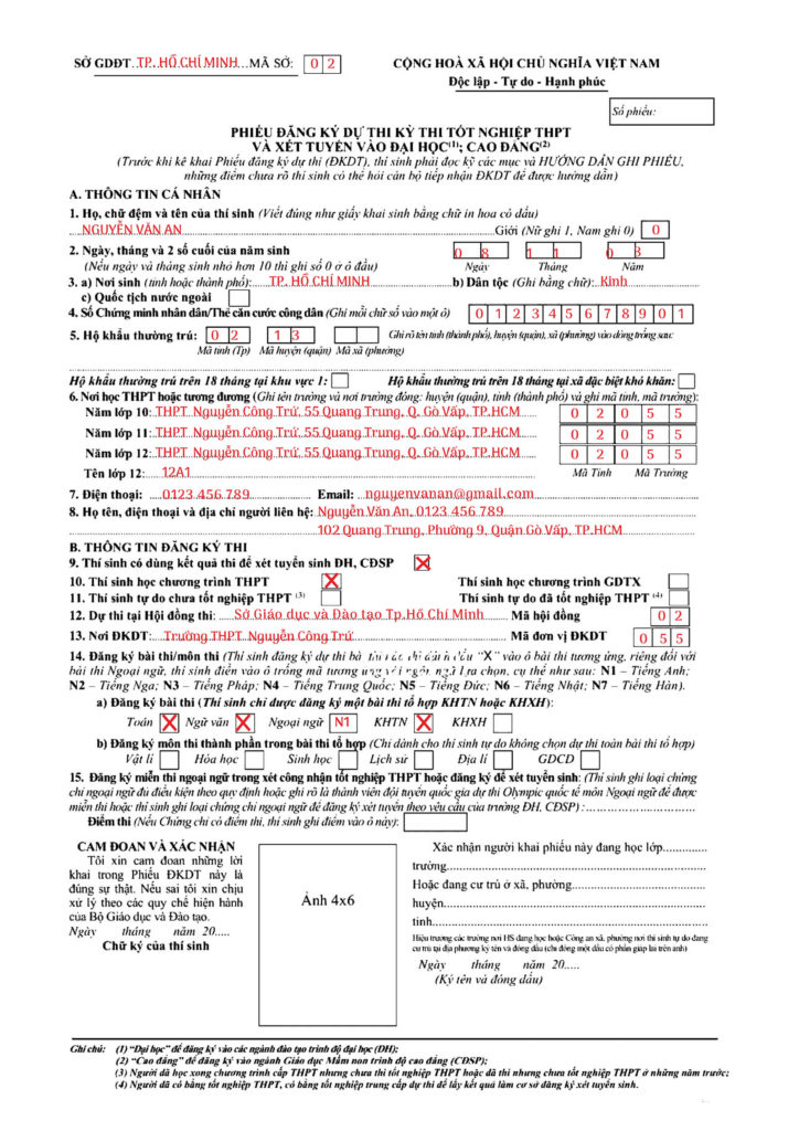 Phiếu đăng ký dự thi tốt nghiệp THPT-Giáo dục nghề